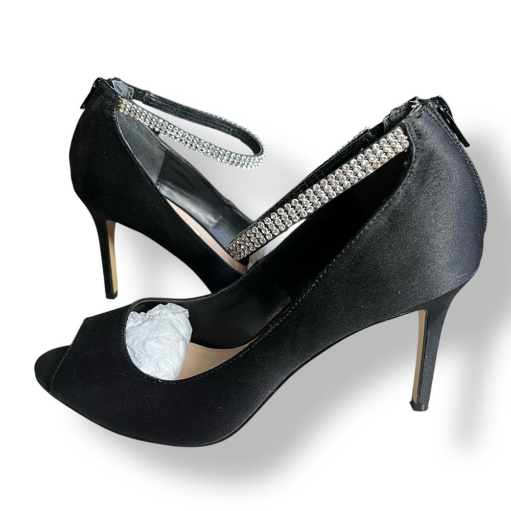 NINA Remini Rhinestone Ankle Strap Evening Pumps Heels Satin Black Luster 10